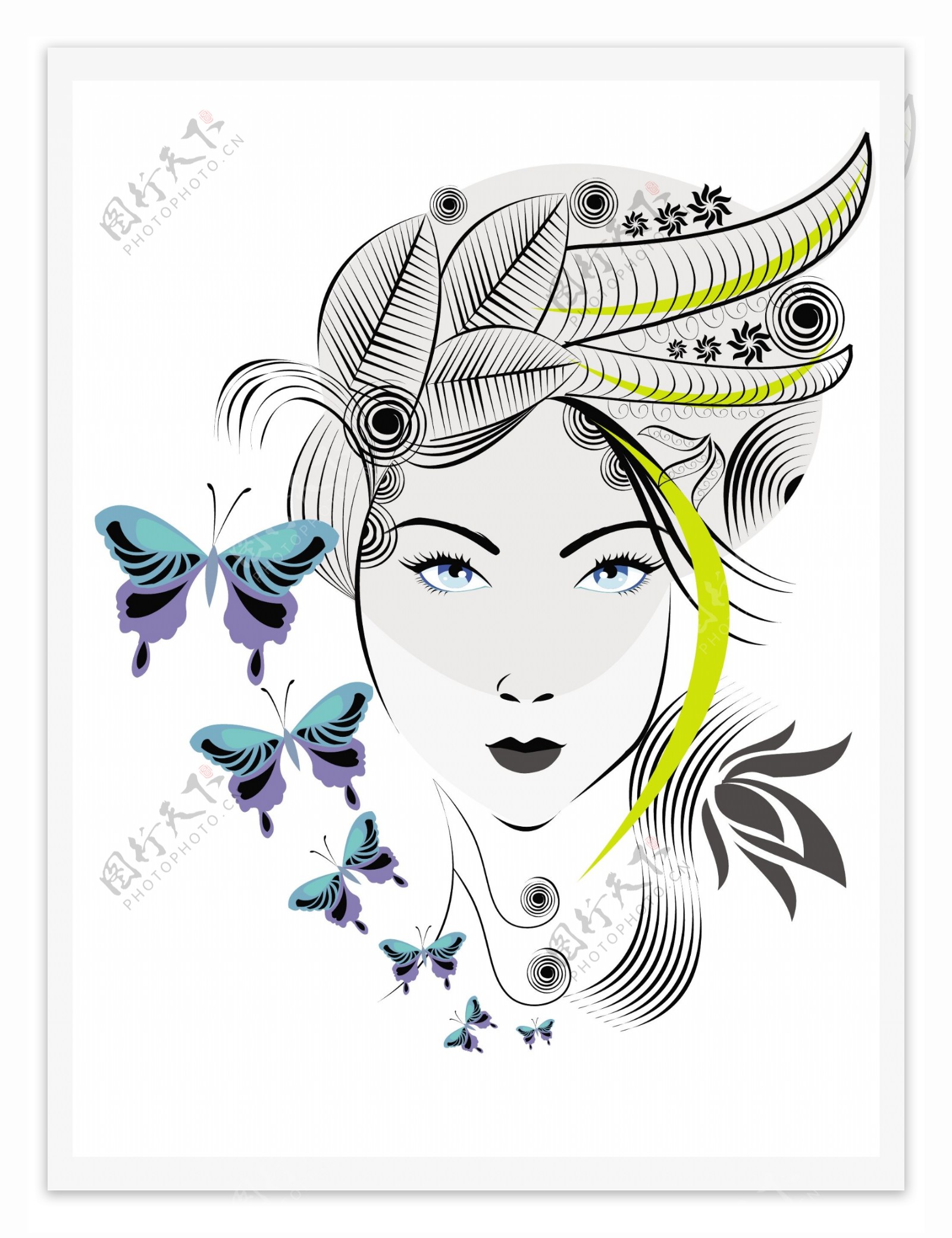 摘要女性优雅的发型和蓝色的蝴蝶