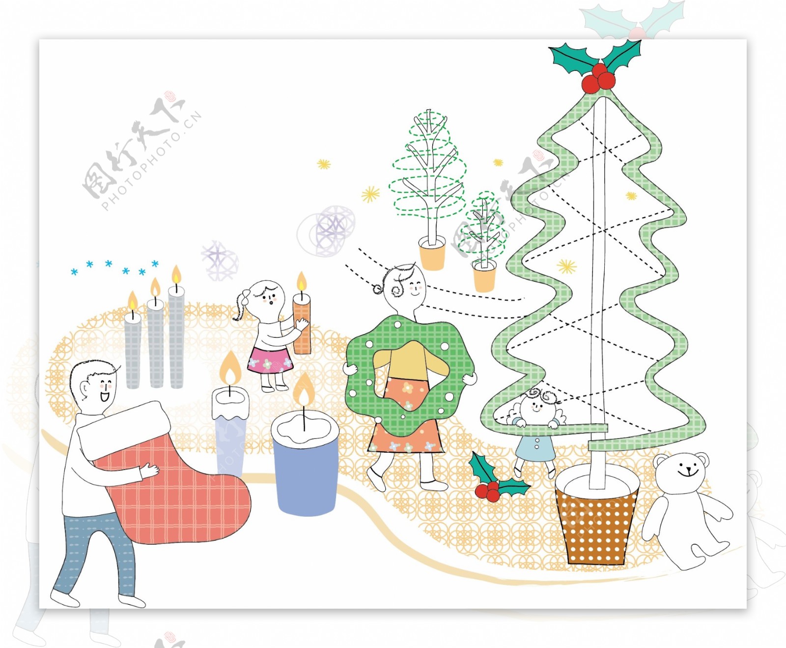 圣诞树和孩子插画