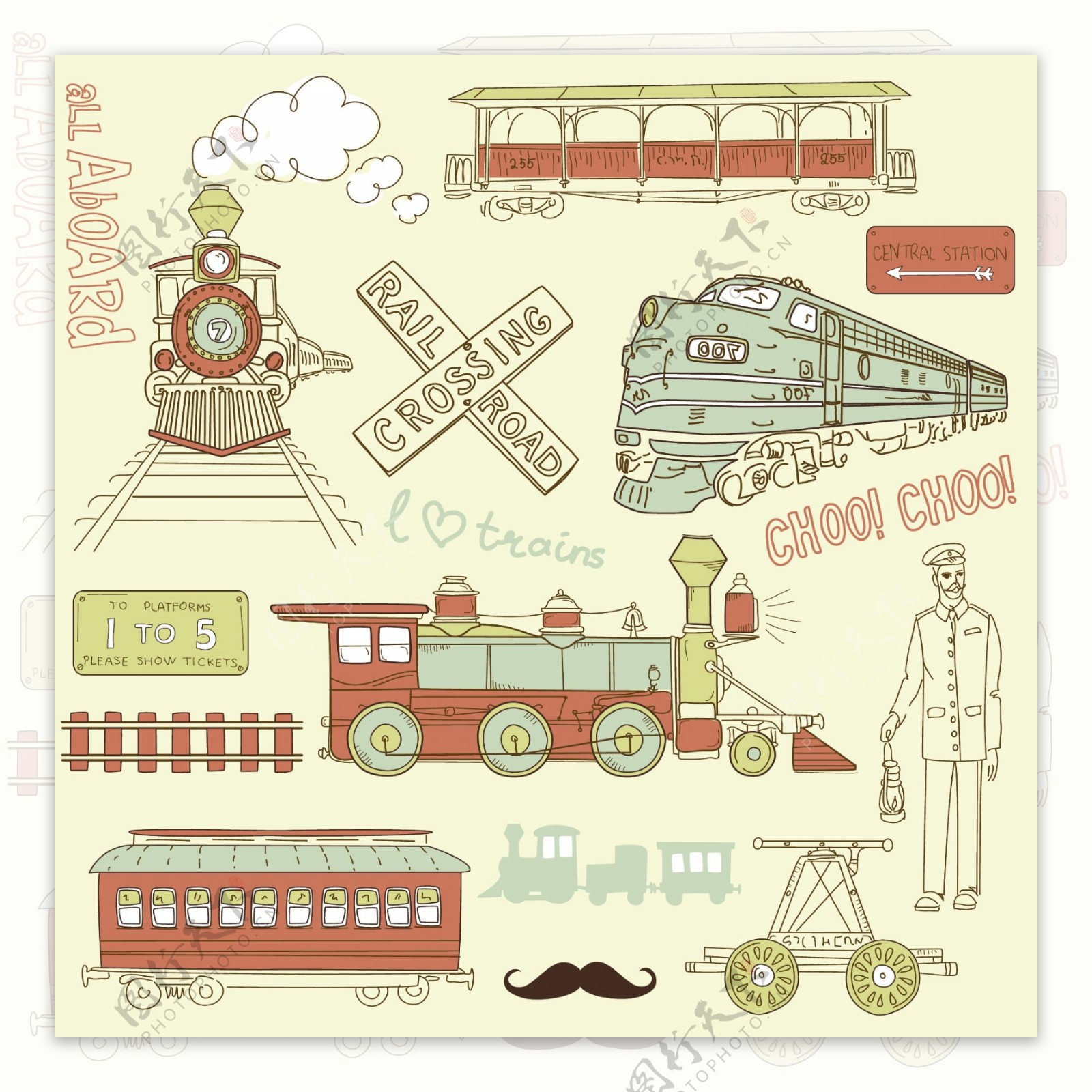 老式火车和铁路收集的涂鸦