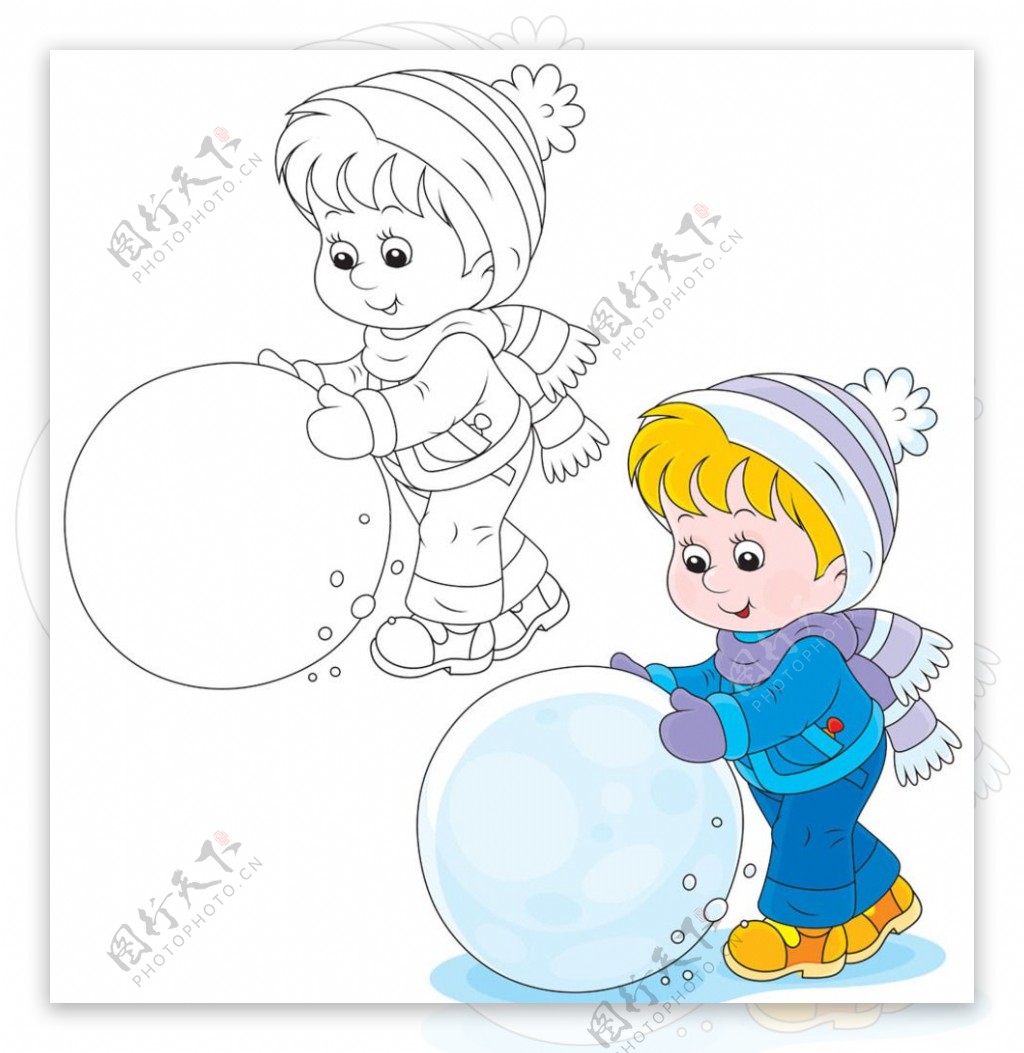 小男孩滚雪球图片