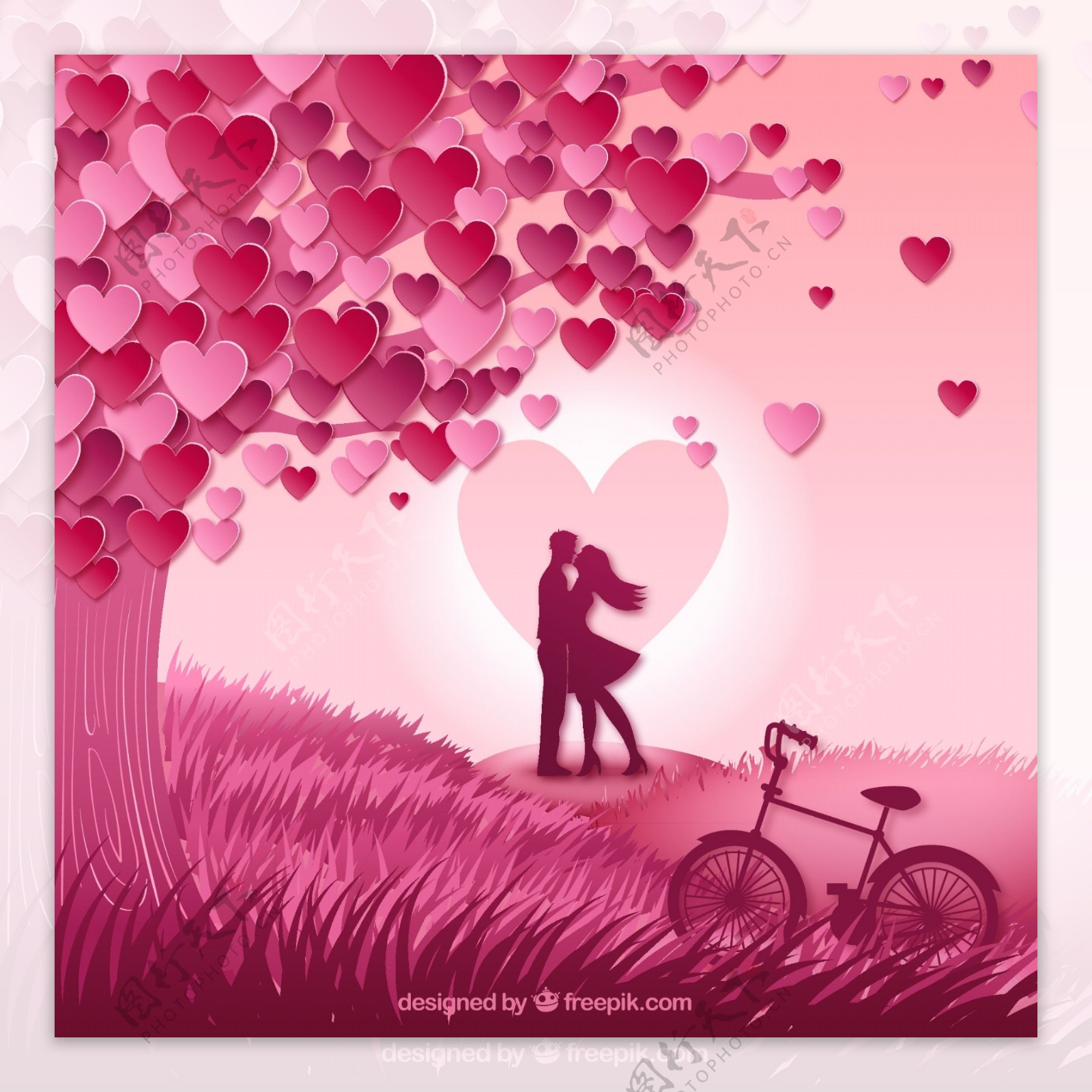 爱心树与情侣矢量素材图片