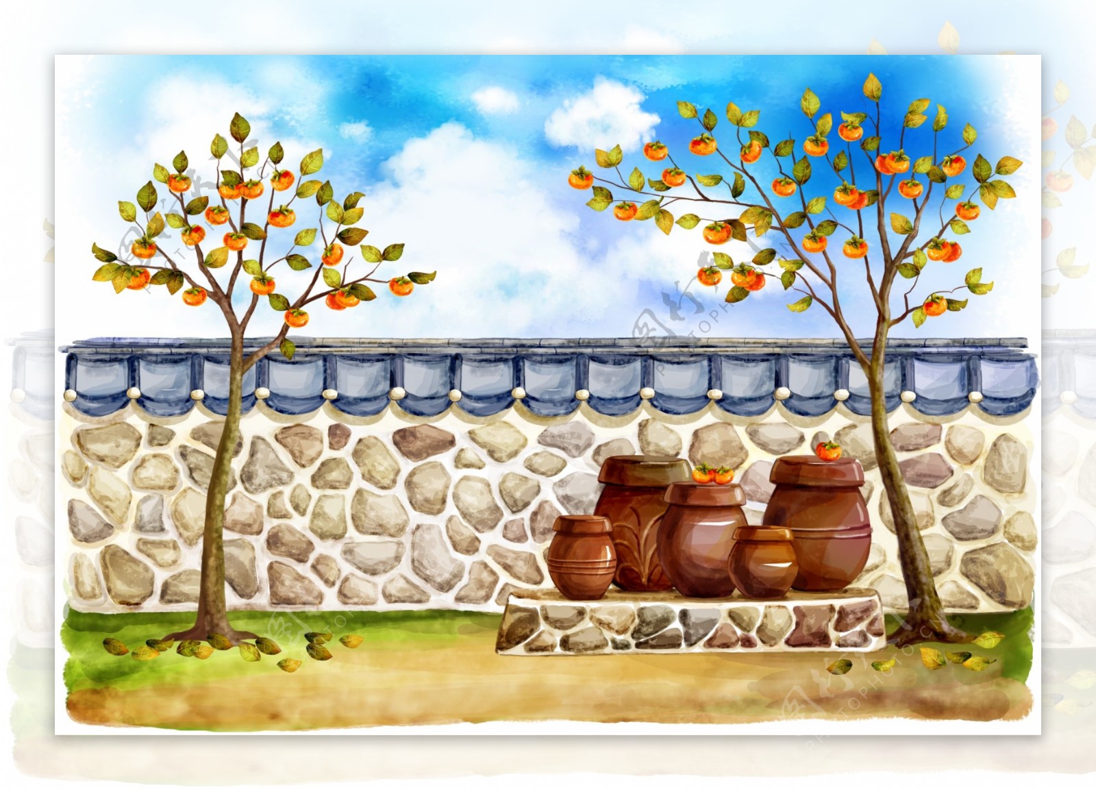 秋冬庭院风景插画图片