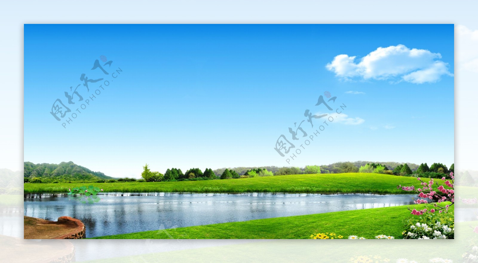 蓝天白云湖泊风景图片