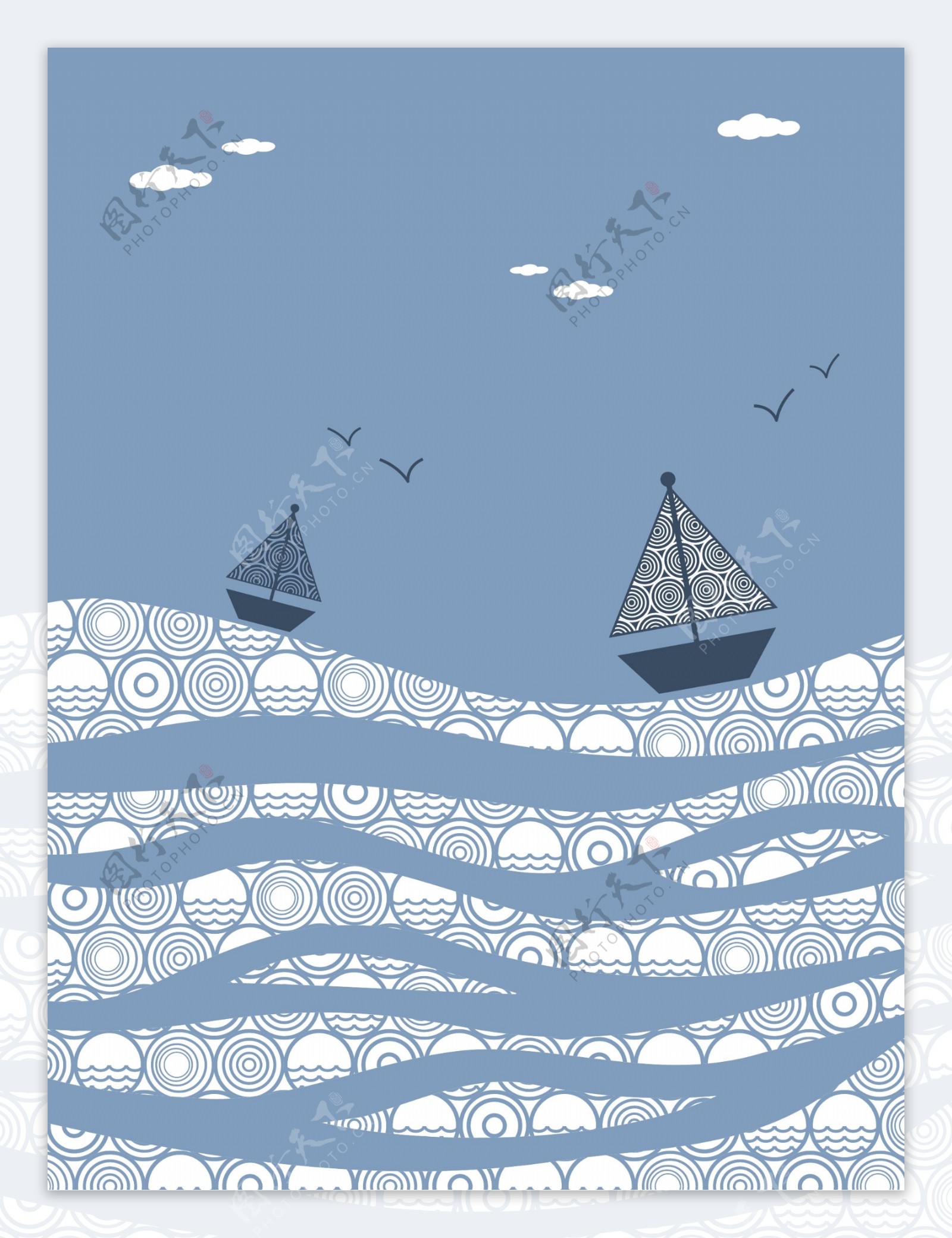 动感线条海浪帆船海鸥图片