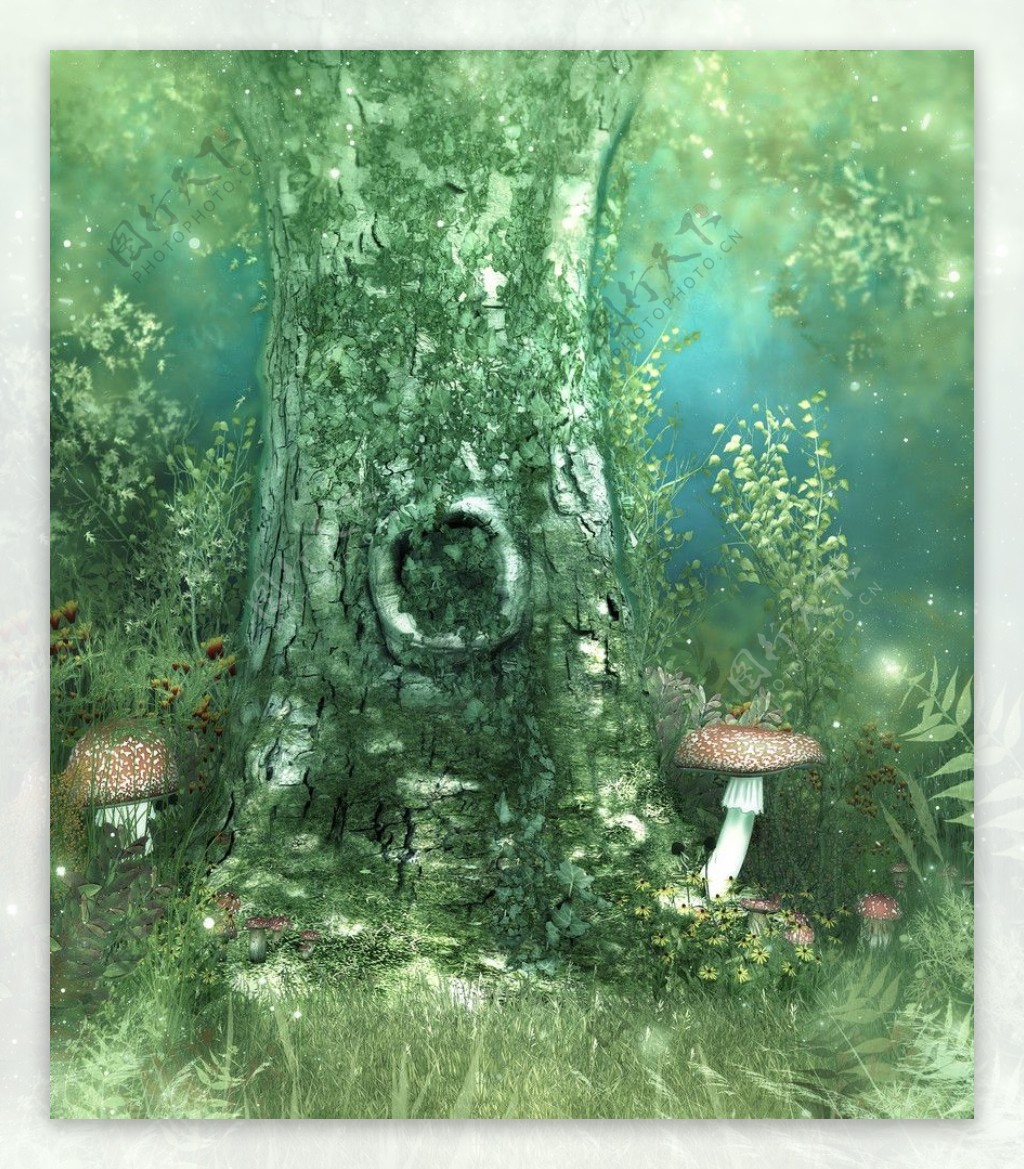 童话风格蘑菇古树图片