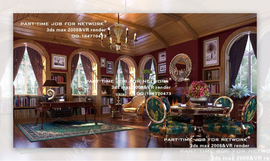 欧式大书房3dsmax室内模型vray带全部贴图图片