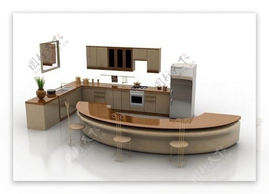 现代整体厨房三维模型素材图片