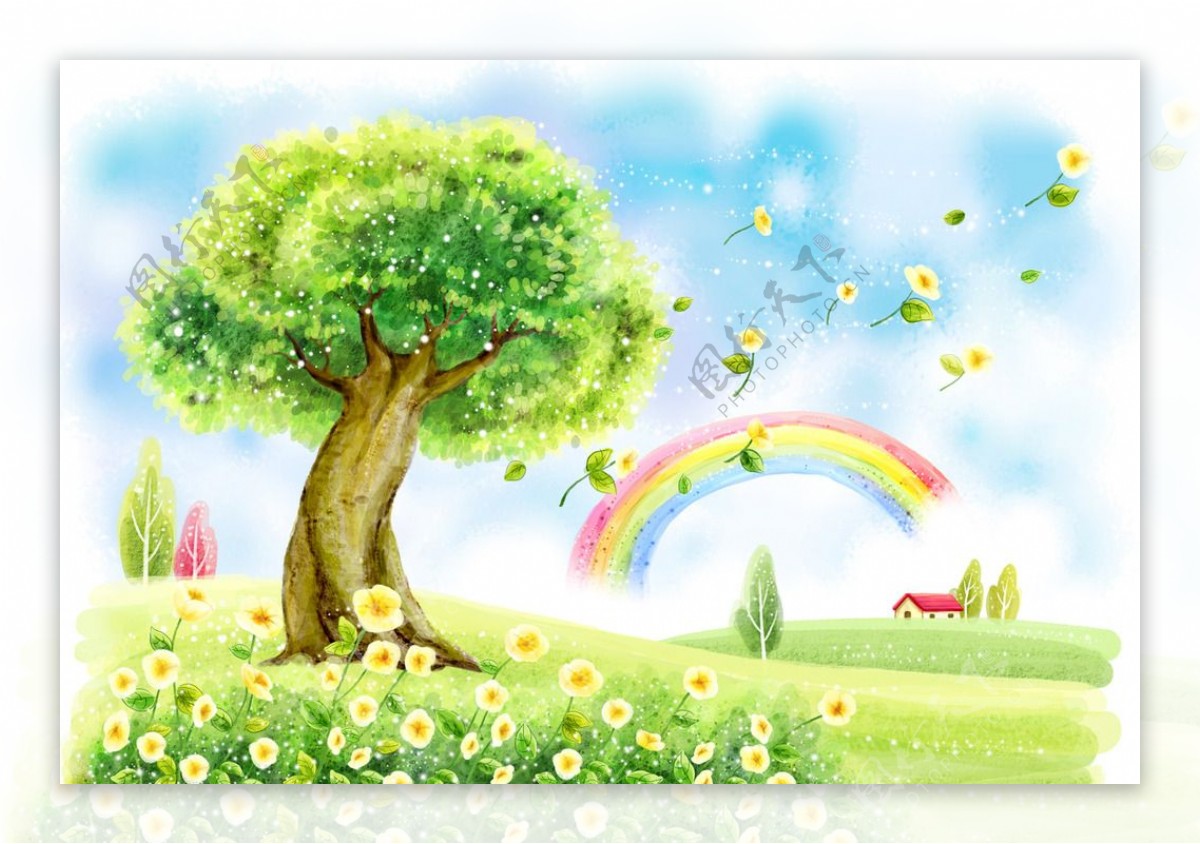 卡通彩虹大树背景图片