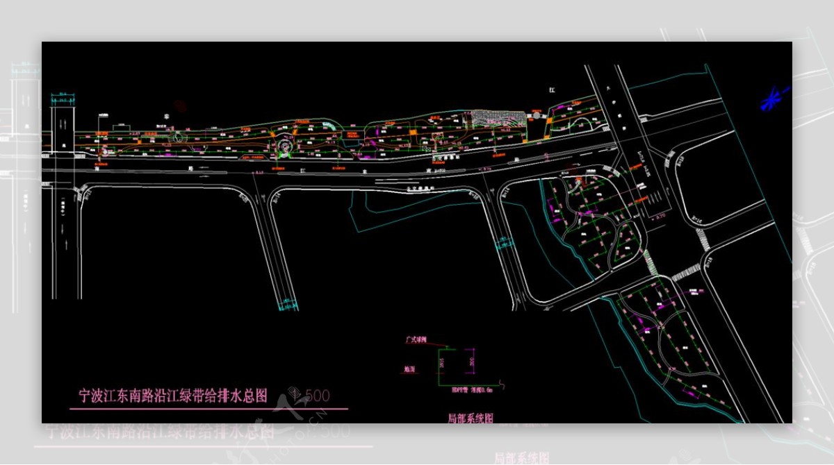 公园景观沿江绿化带给排水总图图片