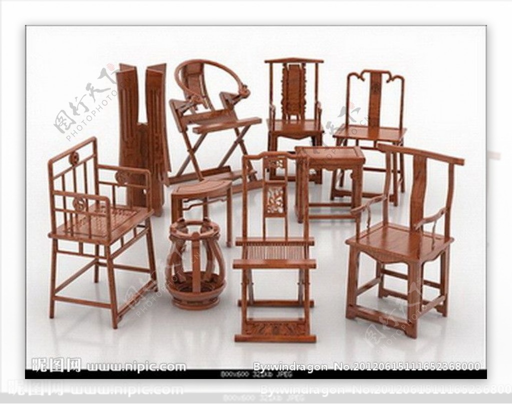 中式椅子集3D模型图片