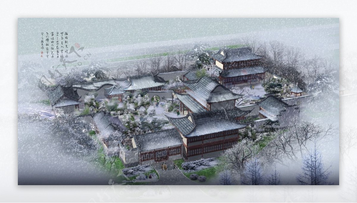 山庄雪景风光图片