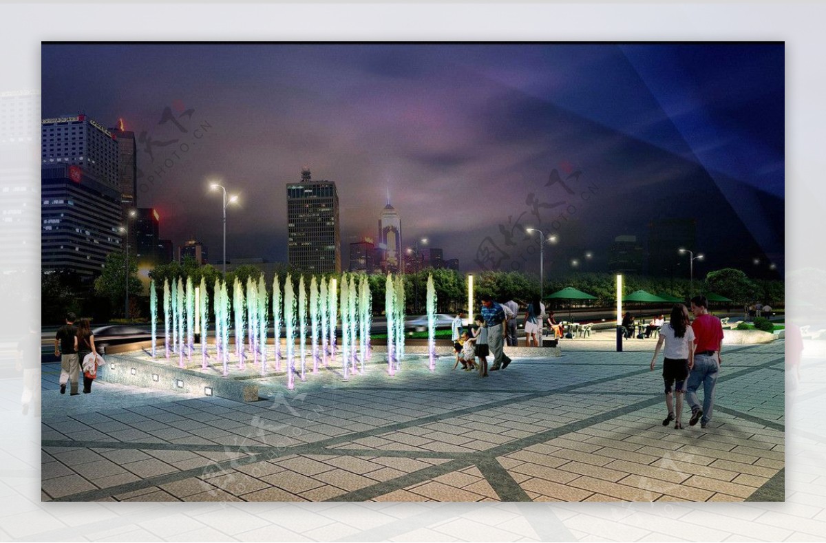 商业广场旱喷泉夜景效果图图片