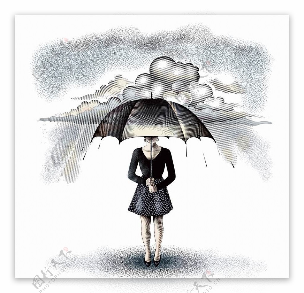 乌云下打着雨伞的商务女士图片