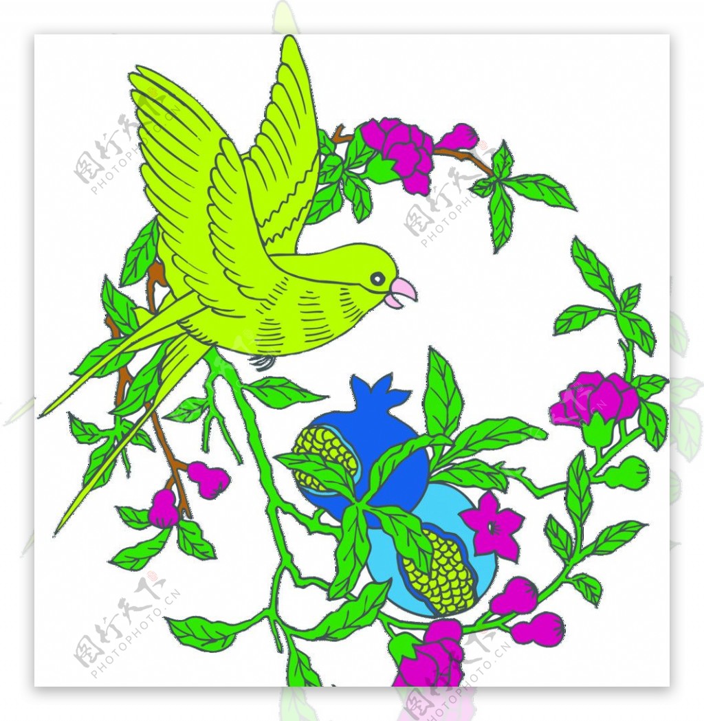 喜鹊石榴红花绿叶艺术插图图片