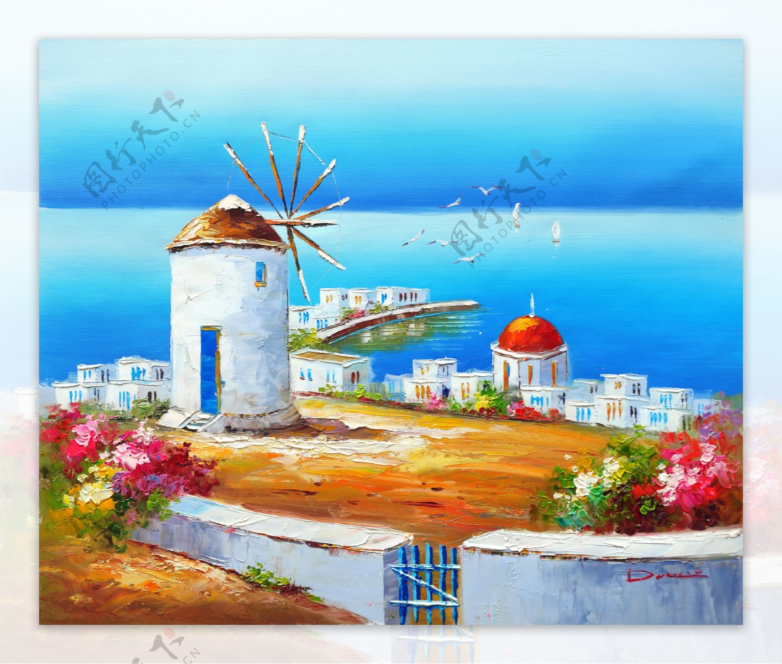 希腊爱琴海建筑油画图片