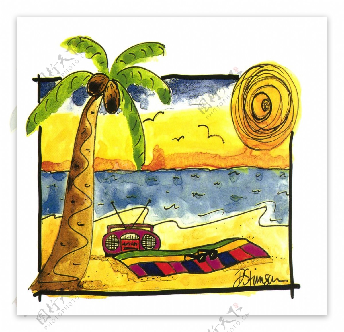 椰子树沙滩油画图片