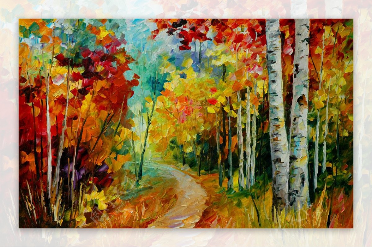 油画秋天的桦树图片
