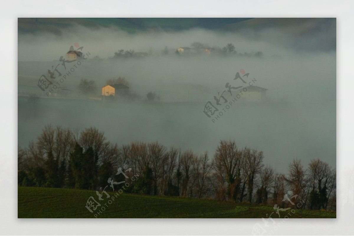 村庄浓雾风光图片