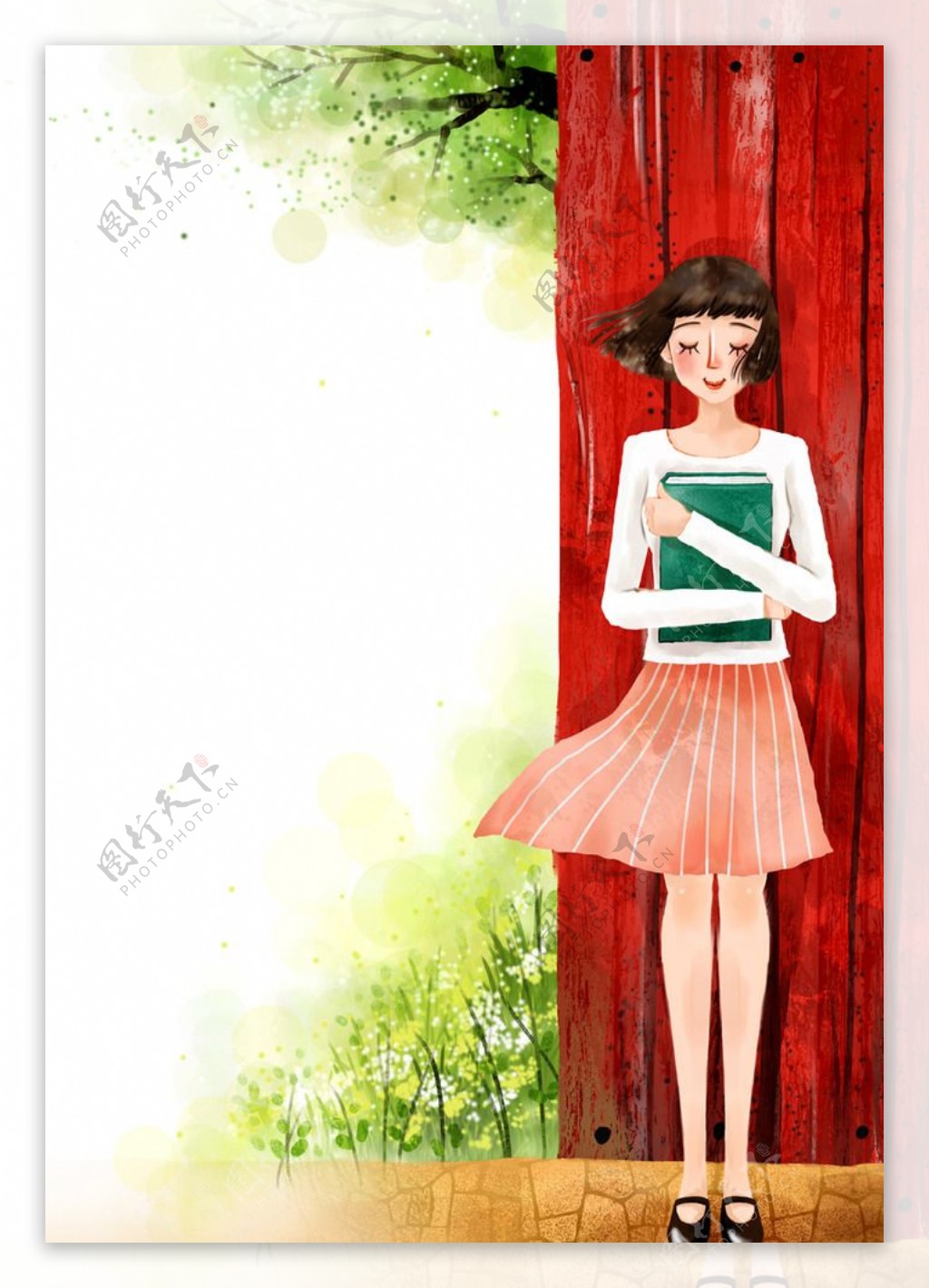 手绘抱书本的女孩风景插画图片