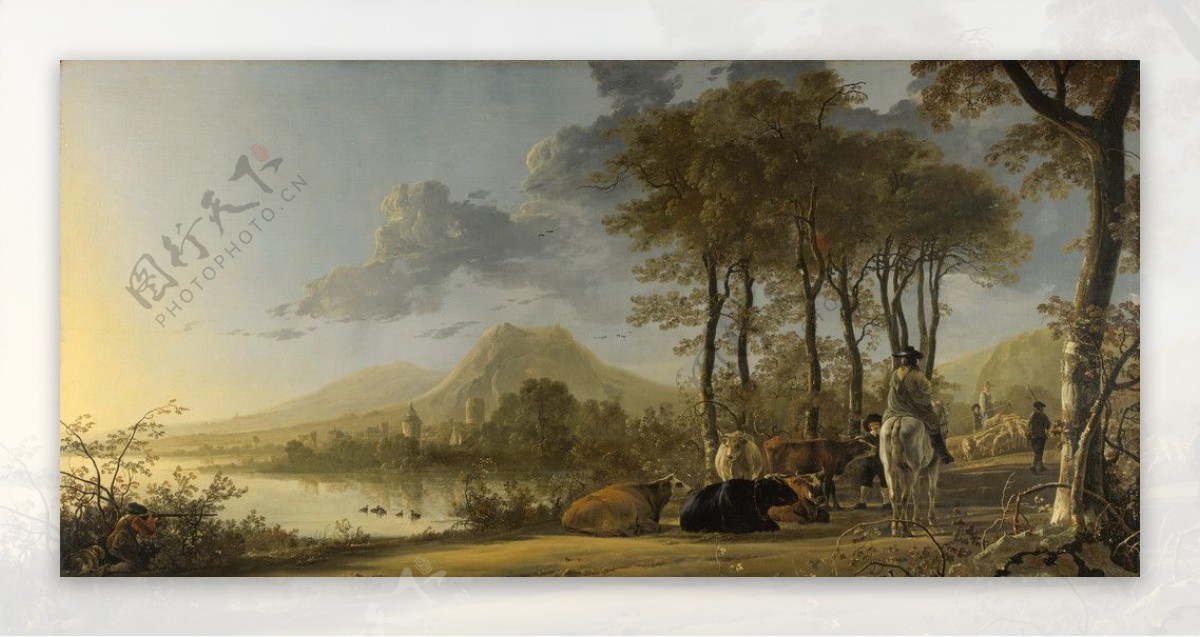 农民河骑士和牲畜人物油画图片