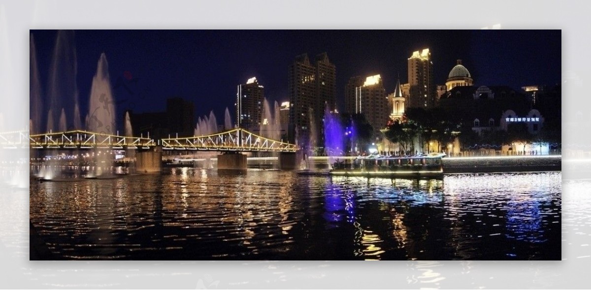 海河夜彩喷泉图片
