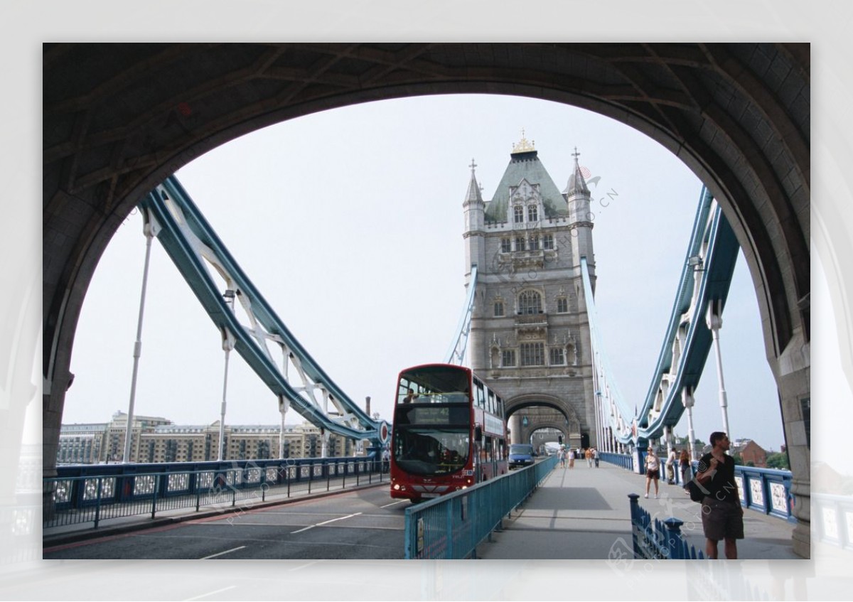 伦敦吊桥上的公交车图片