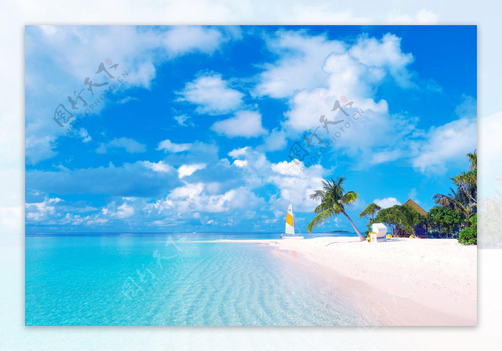 蓝天白云海滩椰子树图片