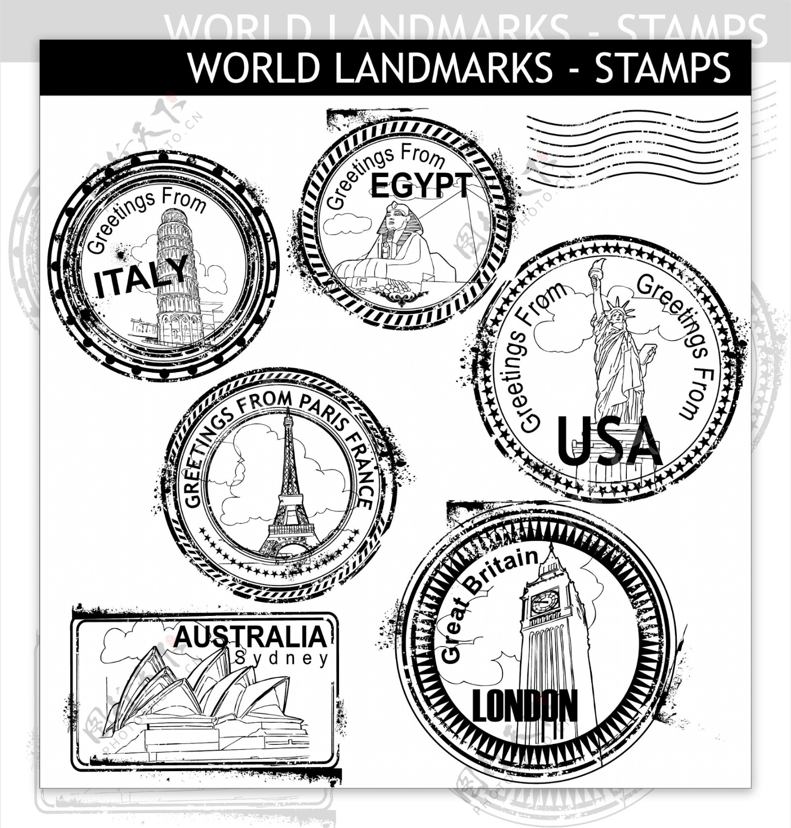 世界名胜邮戳印章边框图片
