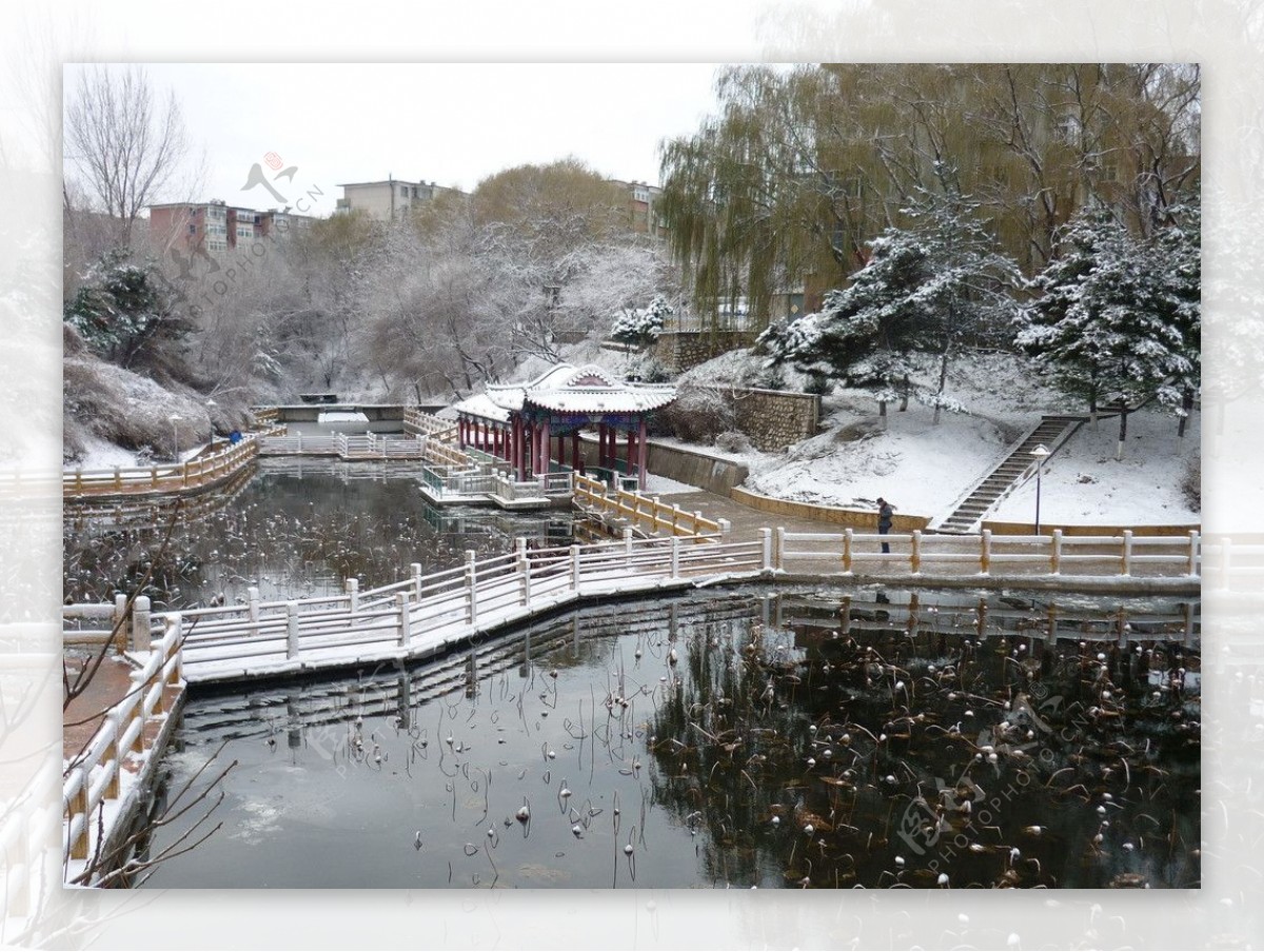 小湖雪景图片