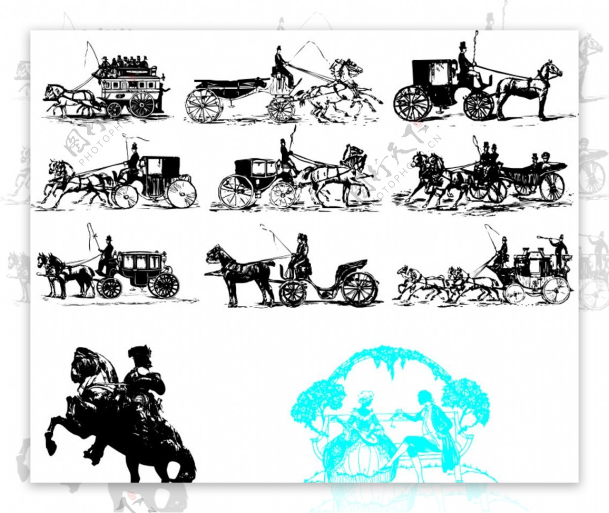 古代欧洲马车黑边剪影图片