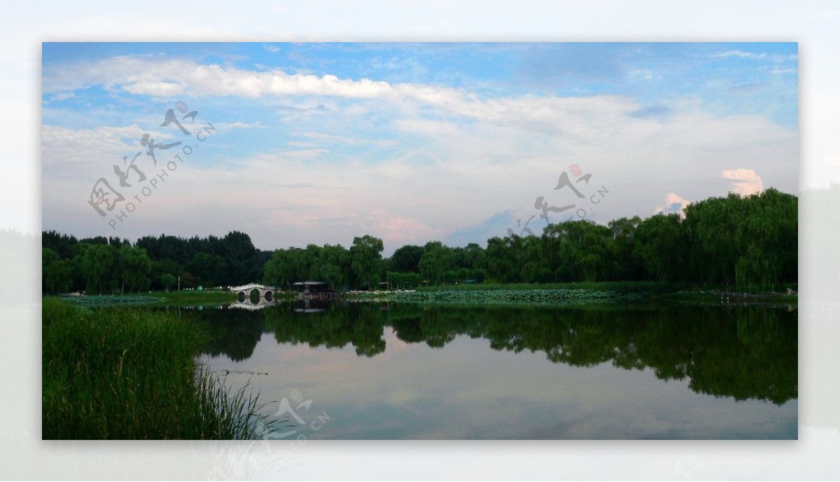 圆明园的蓝天白云和湖水图片