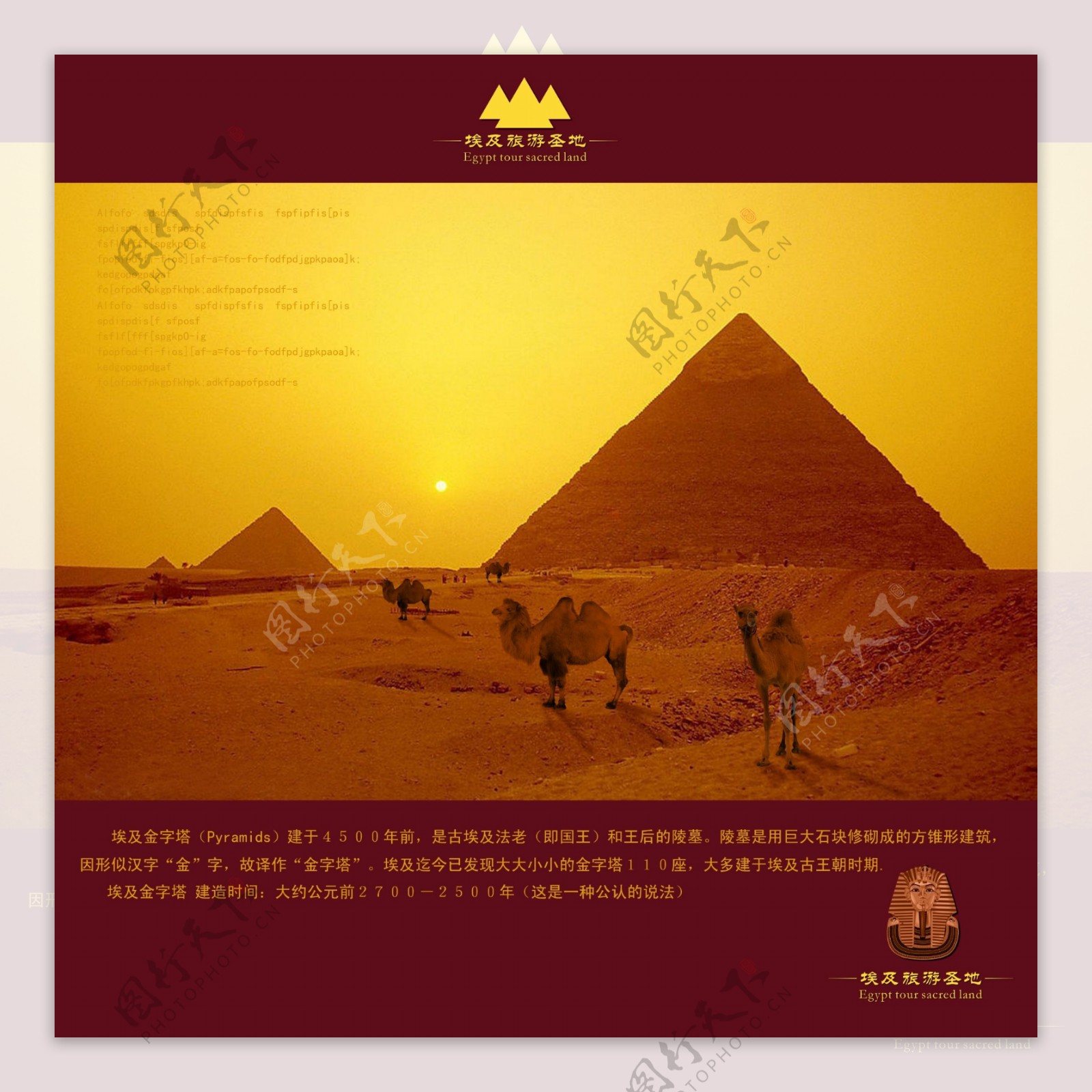 埃及骆驼夕阳西下金字塔国王埃及旅游区经典海报金色梦回忆童年图片