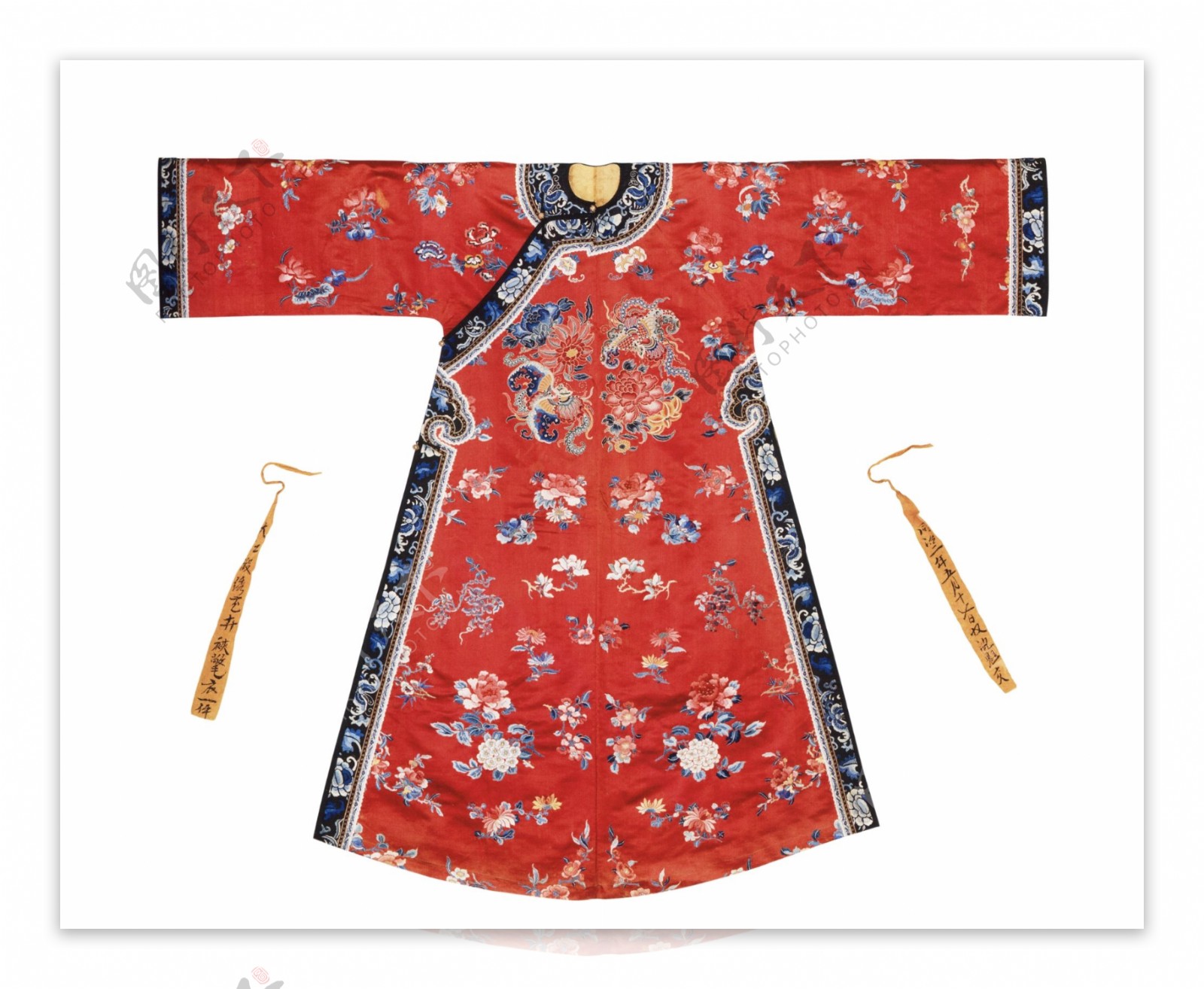 大红缎绣花卉纹夹氅衣图片