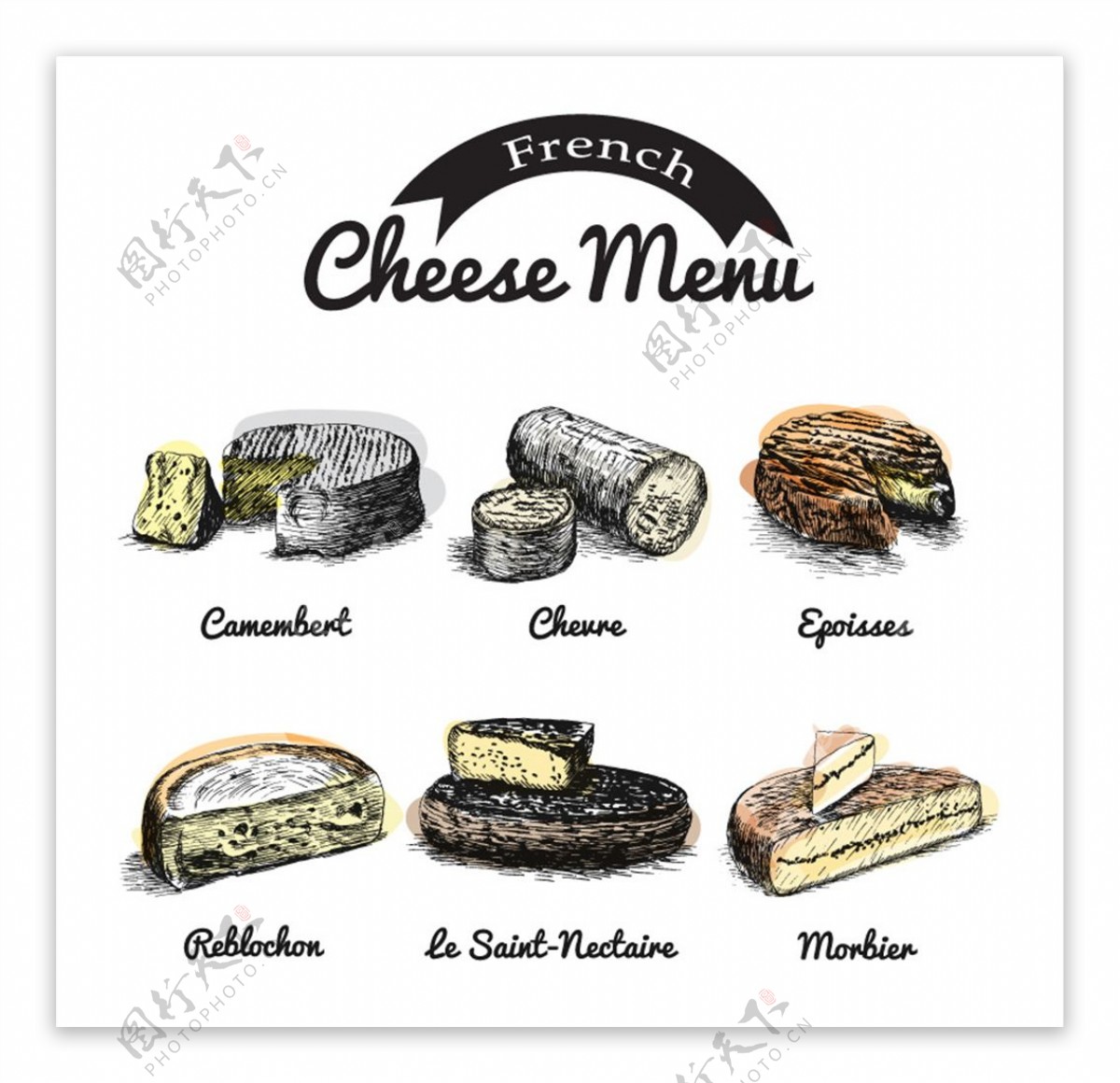 6款复古彩绘法国奶酪矢量素材