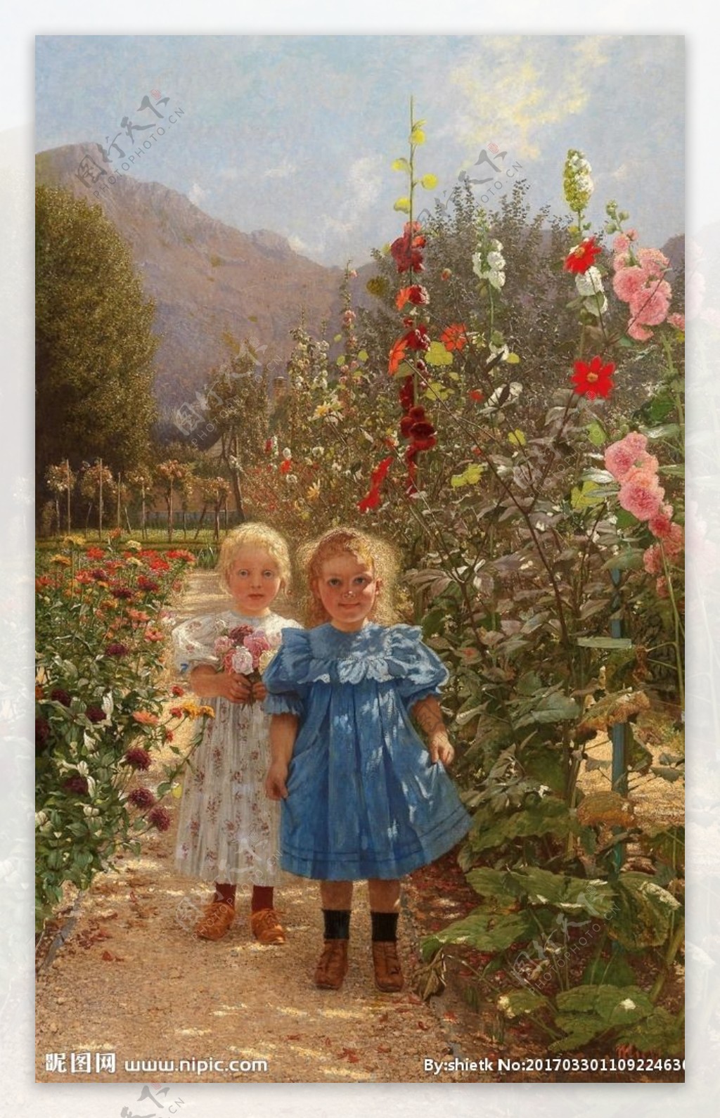 两个小女孩儿在花园里