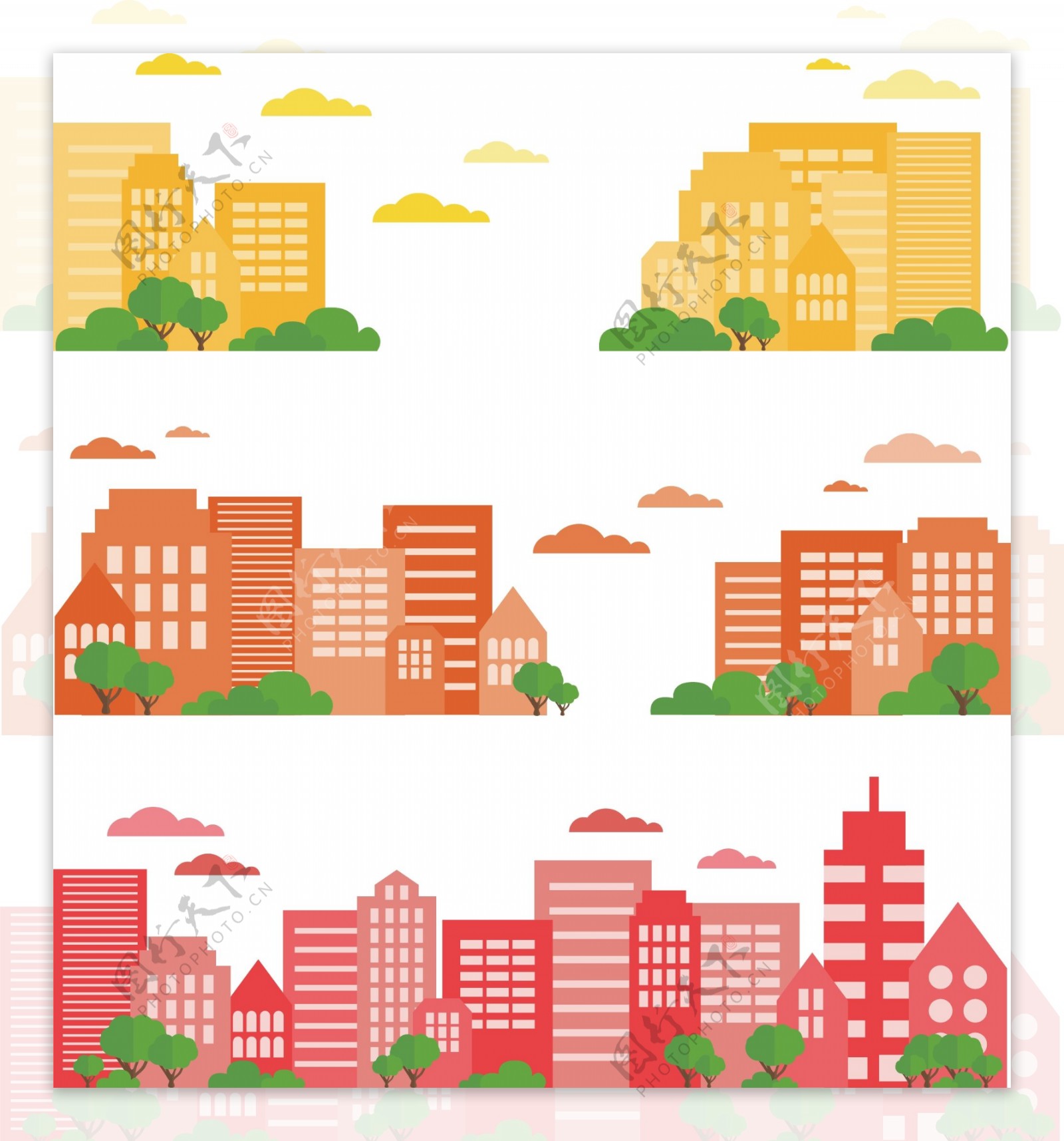 3款彩色城市楼群矢量图