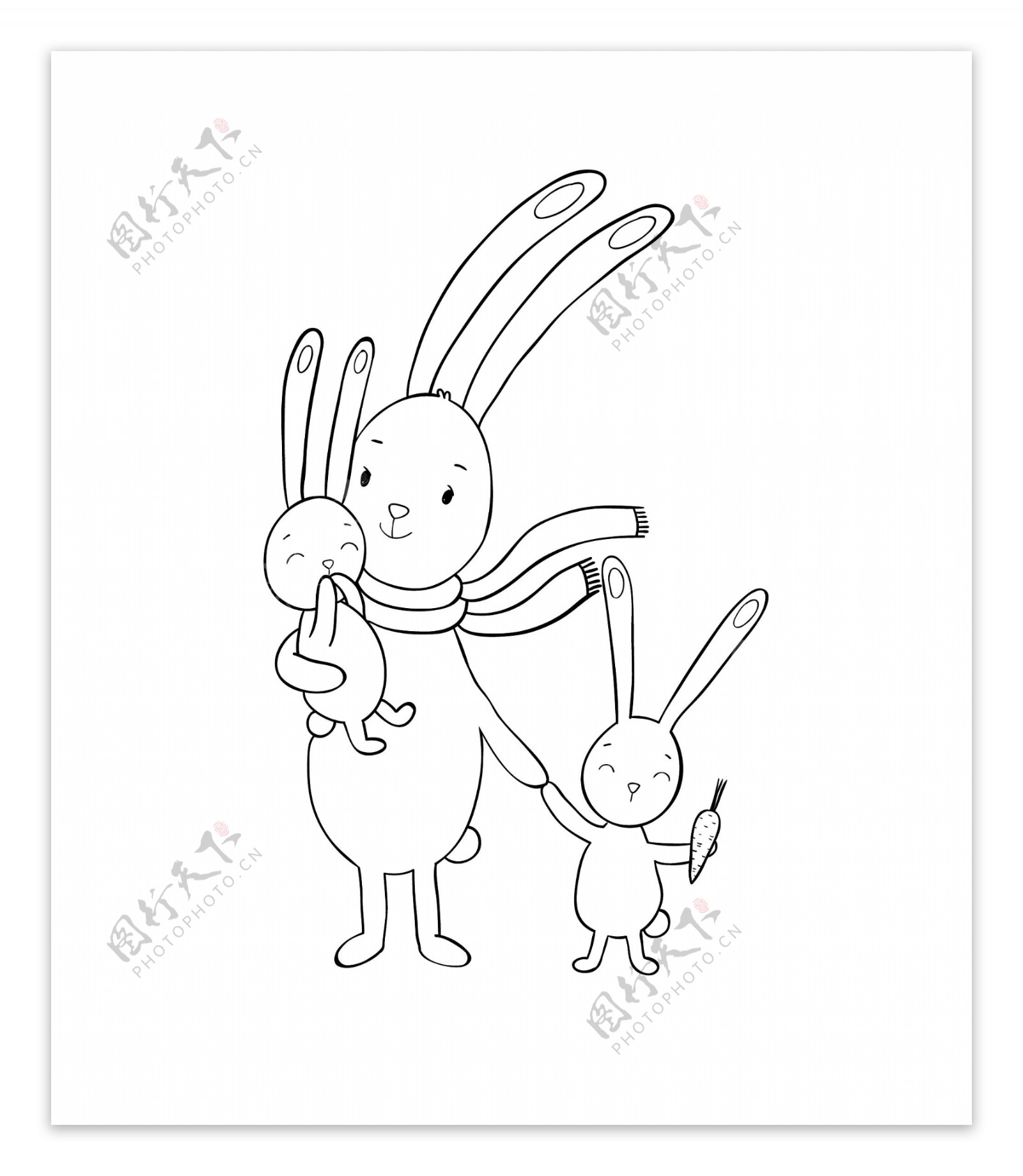 兔妈妈和两只小兔子线描卡通矢量