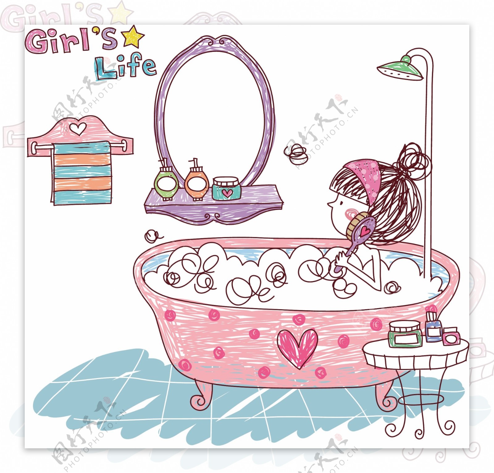 卡通女孩洗澡沐浴背景图片素材-编号28382423-图行天下