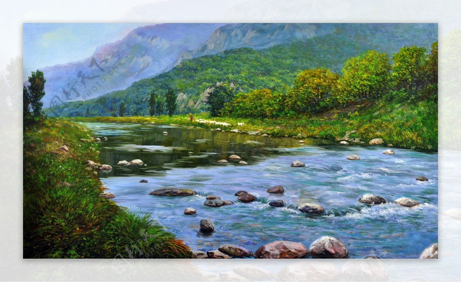 河流树木油画