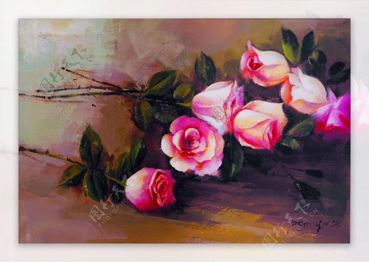 粉色玫瑰花束油画装饰画