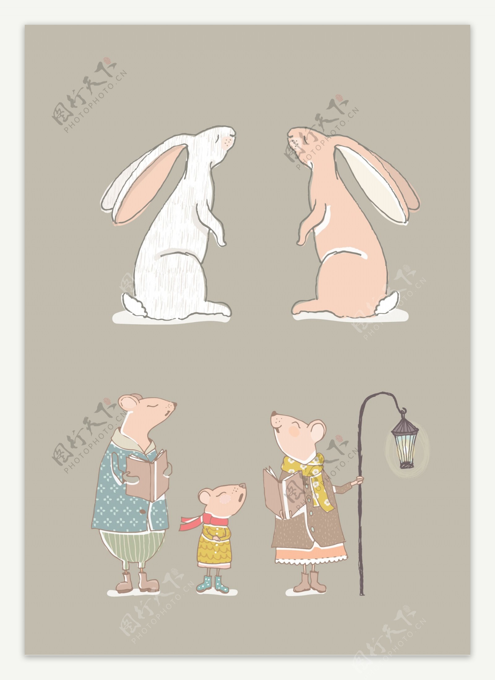 手绘兔子老鼠温馨插画