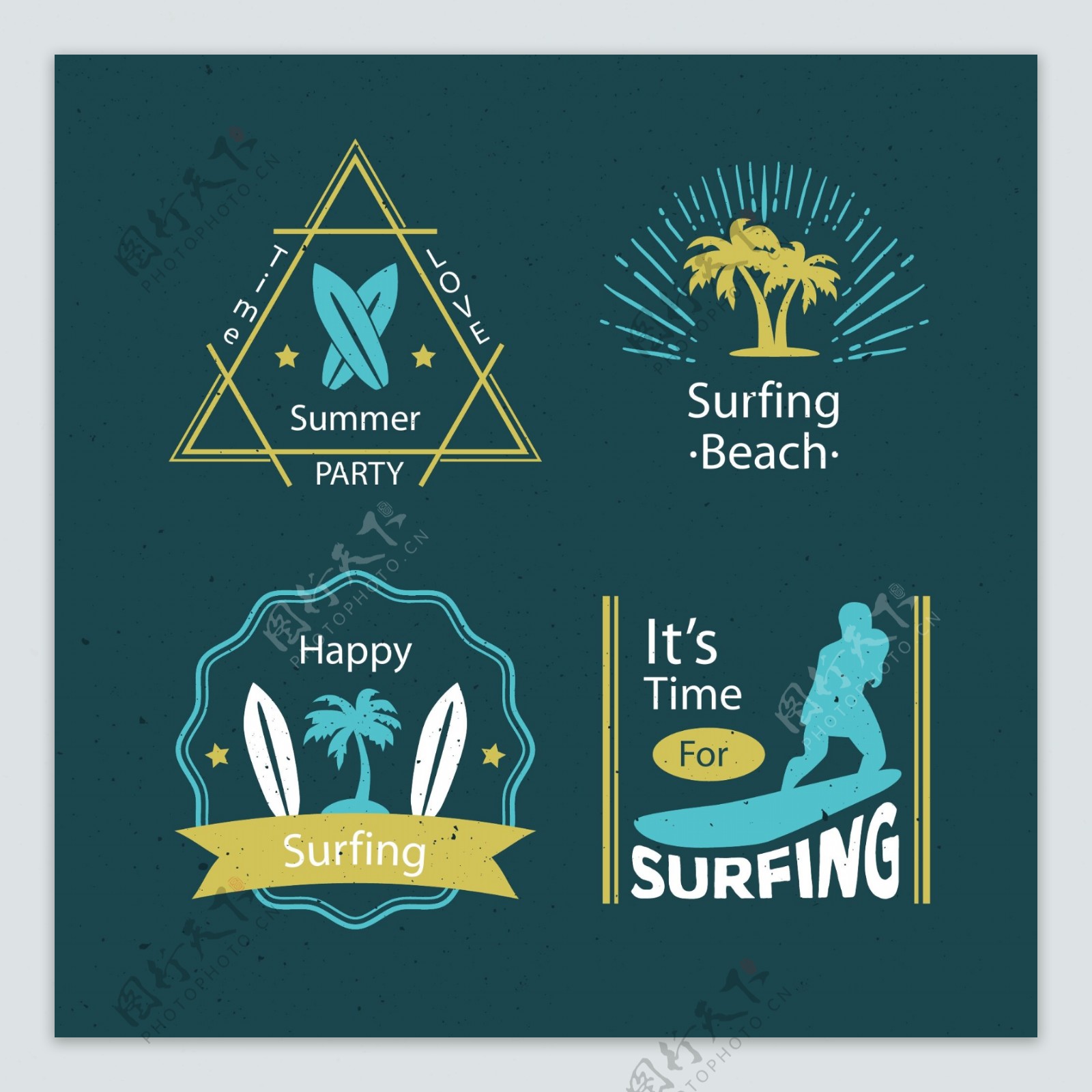 4款复古夏季冲浪标志矢量图