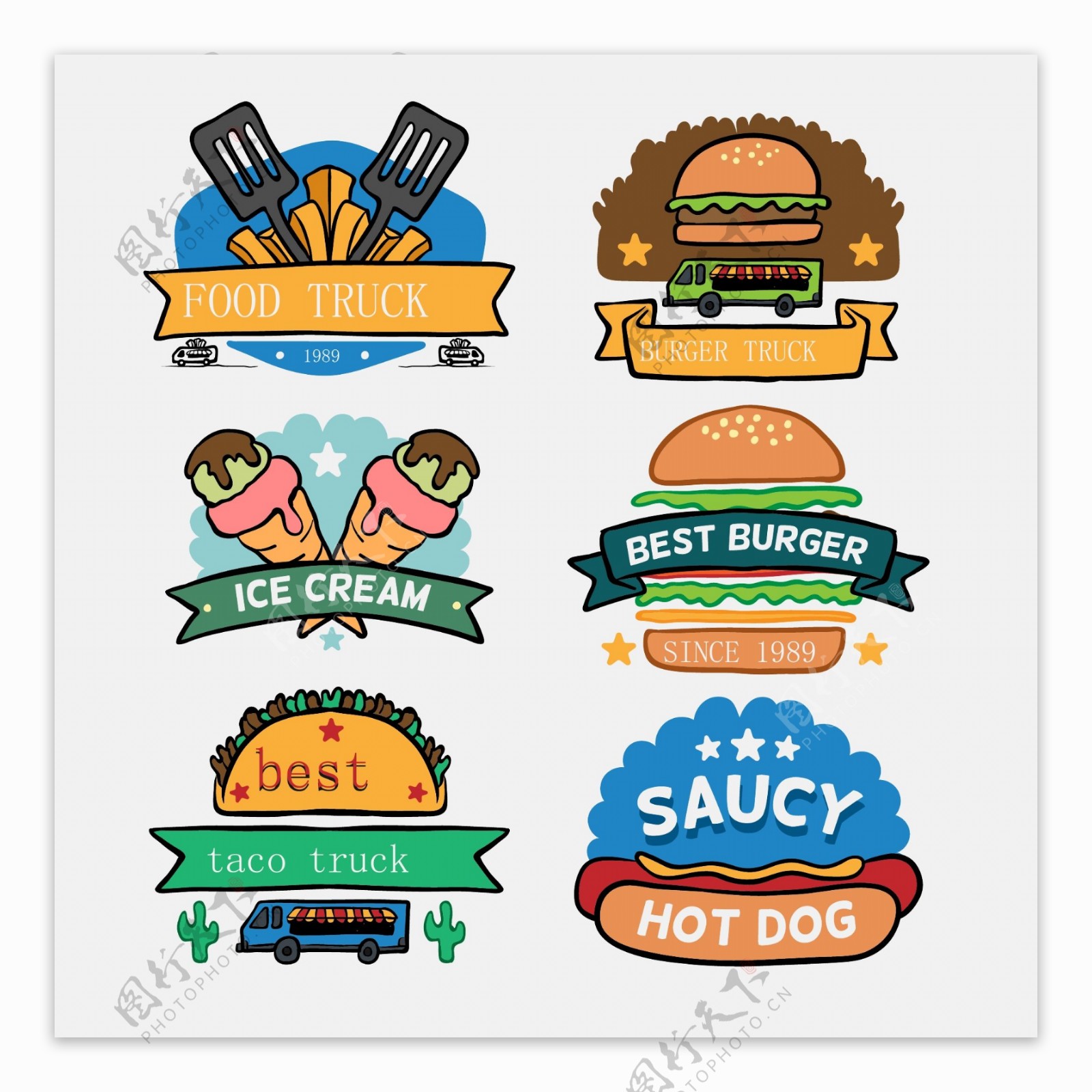 6款卡通快餐车食物标签矢量素材