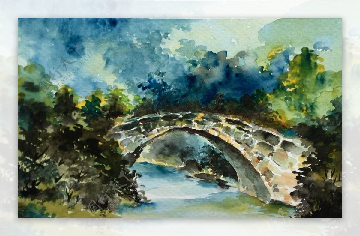 黎明水彩画家乡的桥