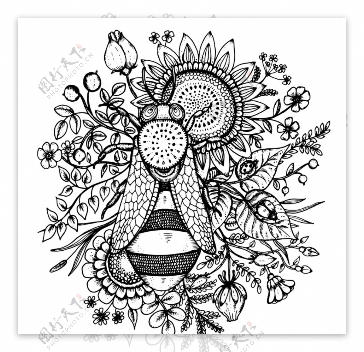 手绘蜜蜂和葵花
