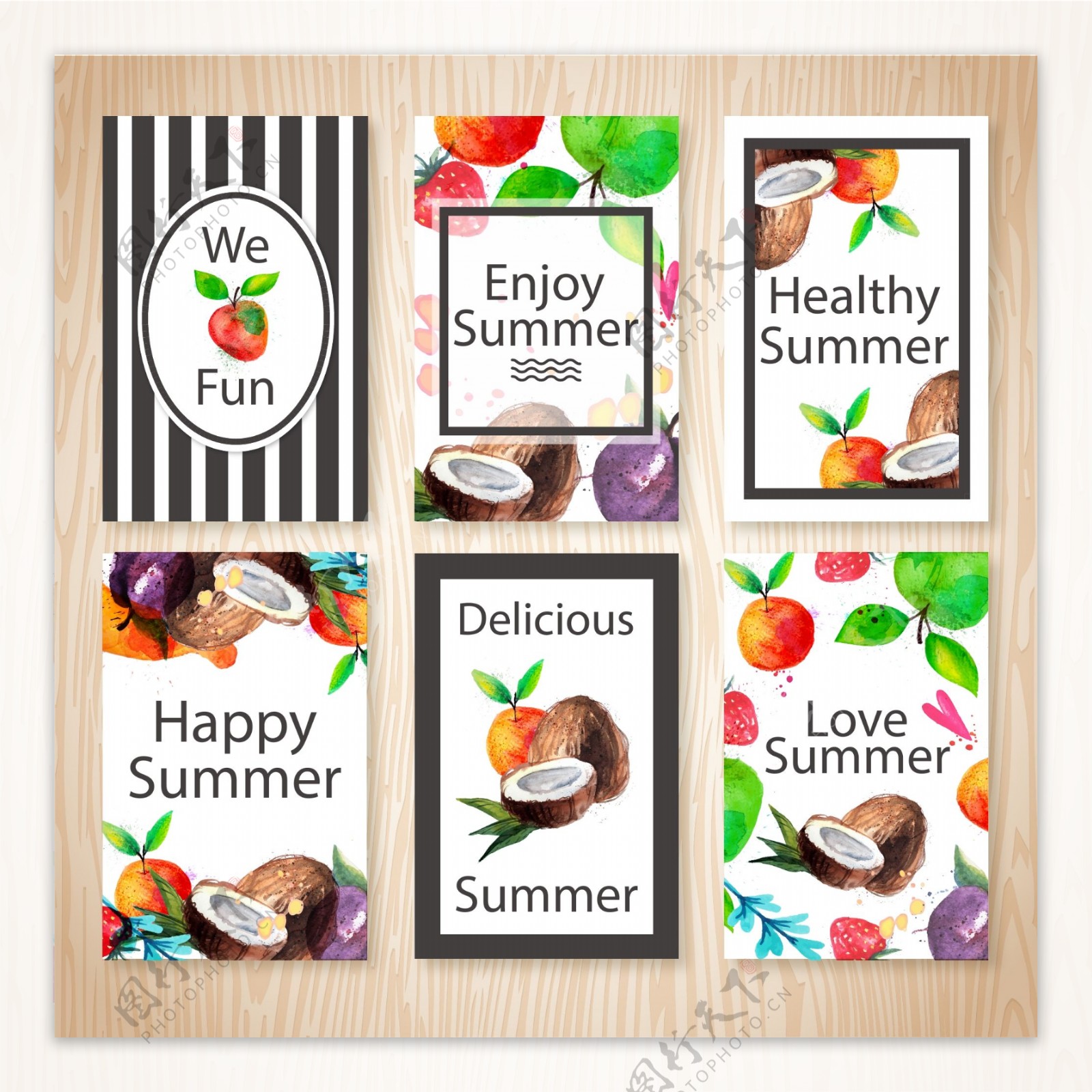 水彩可爱的夏季水果卡片
