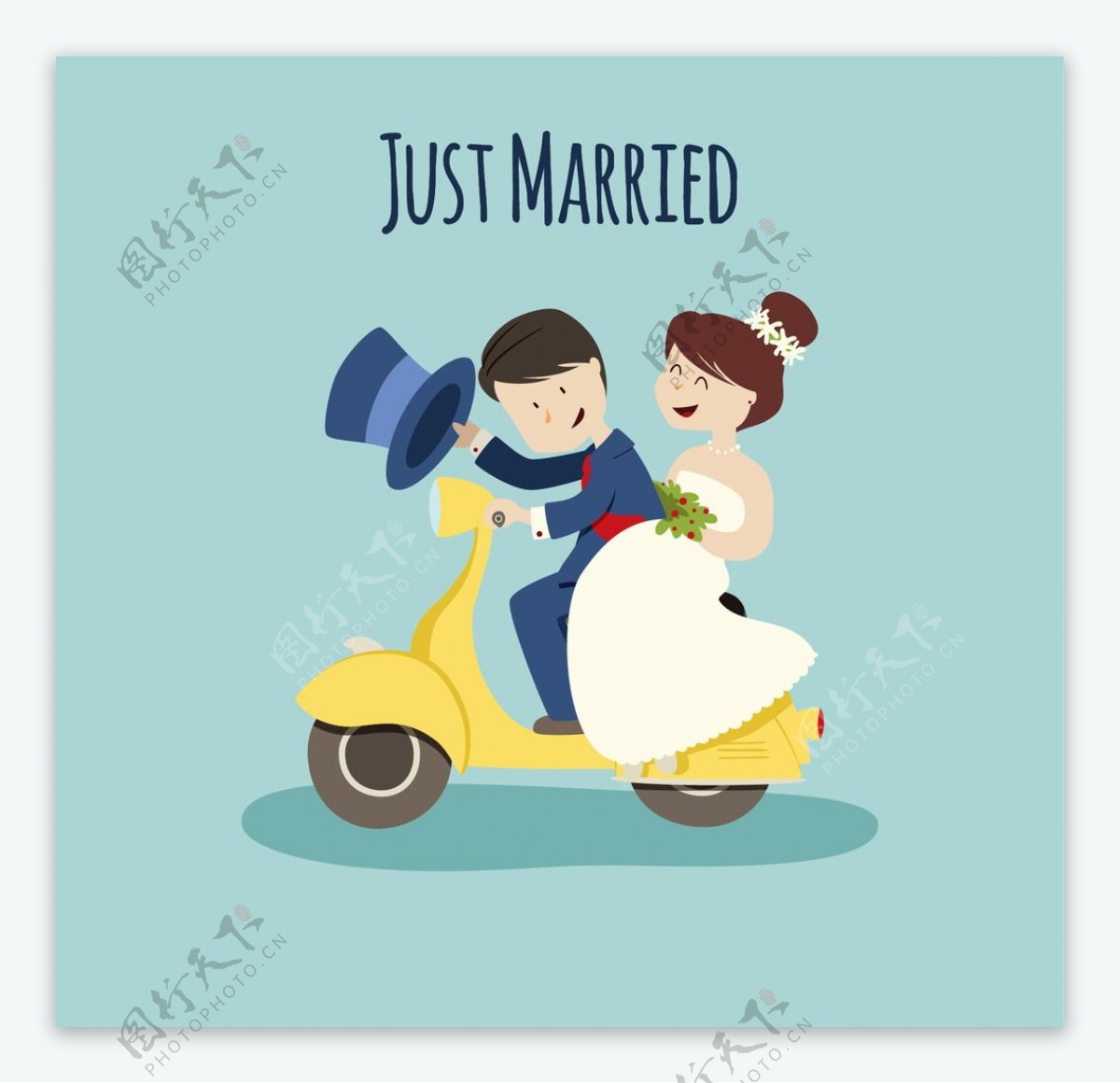 结婚的夫妇在一辆摩托车上