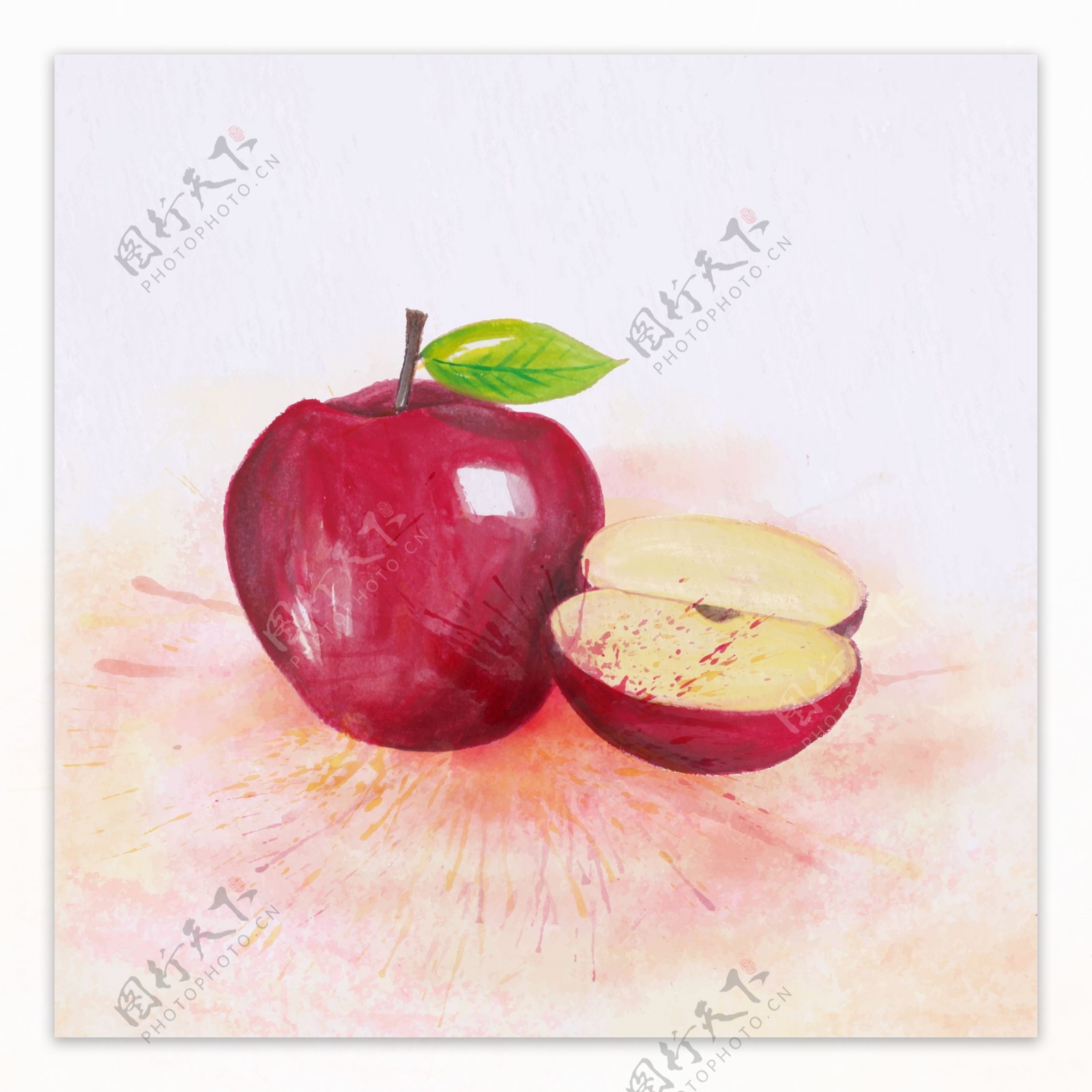 手绘水彩红苹果