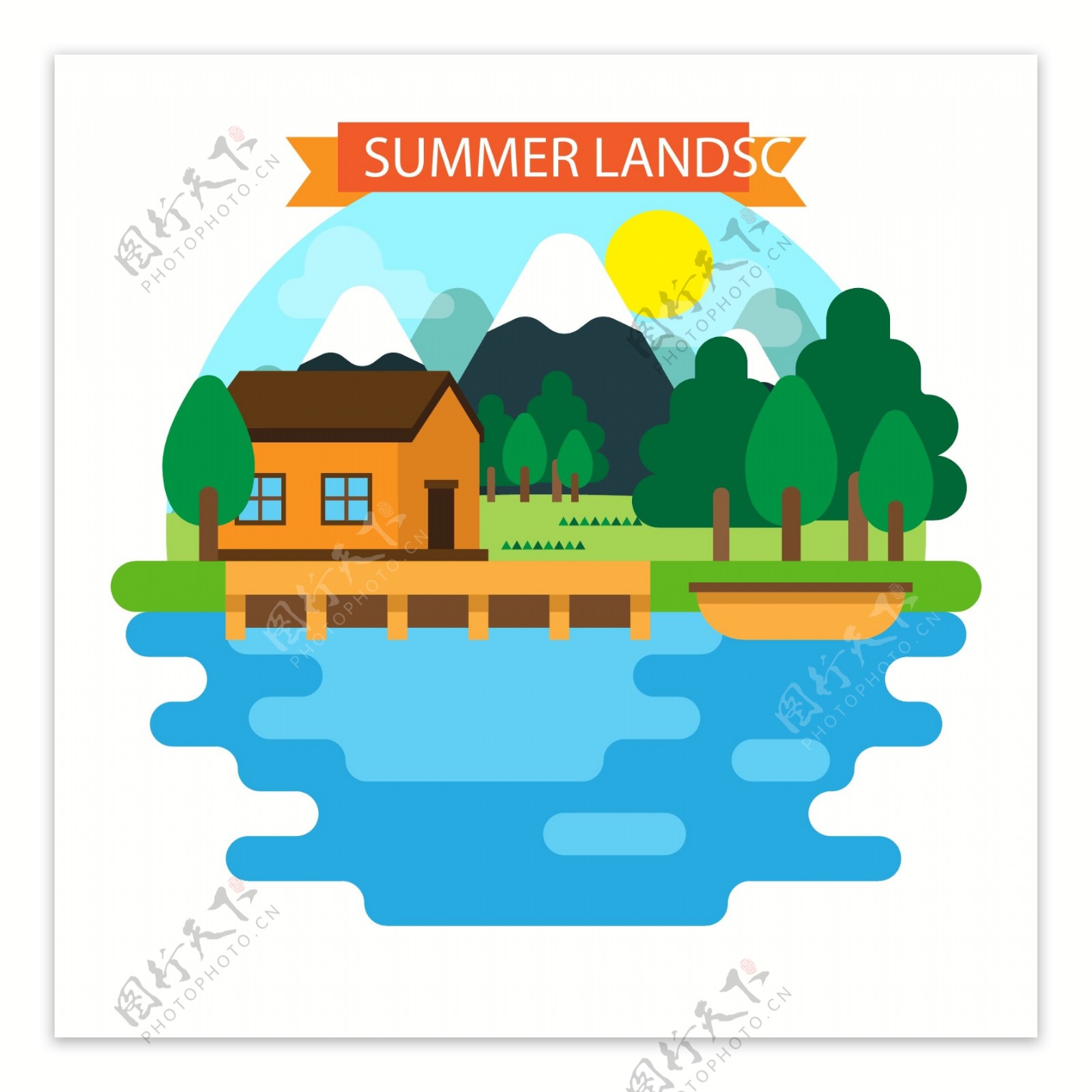 扁平化夏季湖边小木屋插图