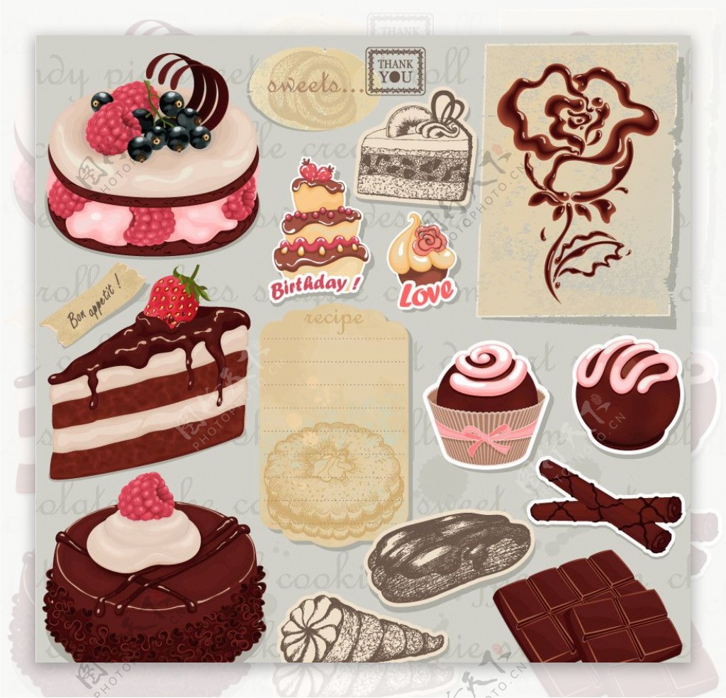 怀旧巧克力蛋糕玫瑰标签贴纸